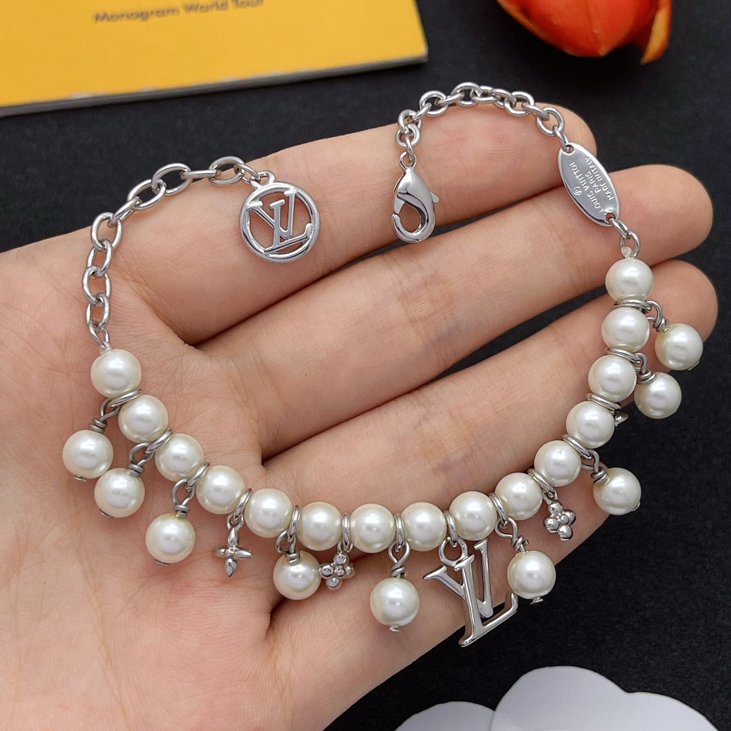 Full Pearl Beaded Logo Charm Necklace & Bracelet Set