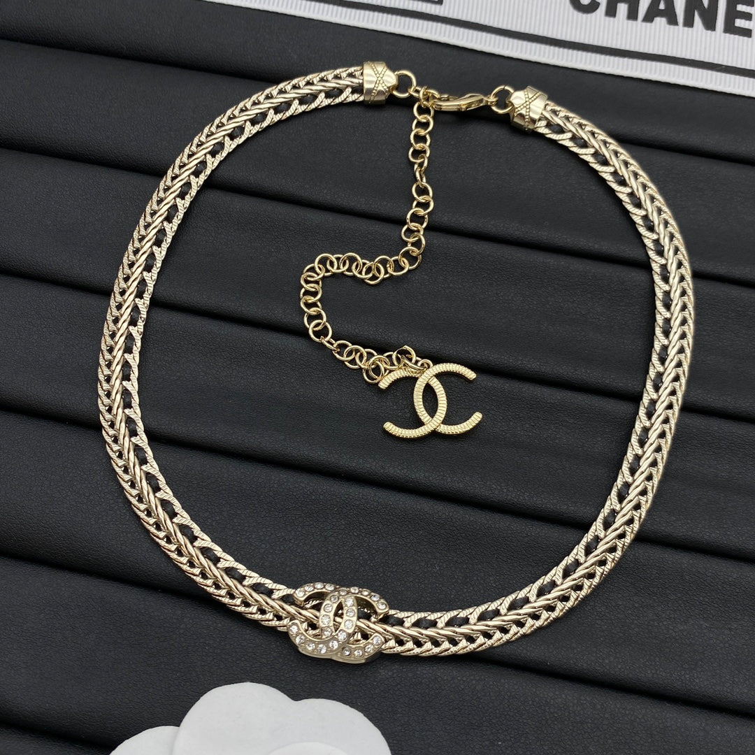 CC Pavé Wheat Braid Chain Choker Necklace – Gold & Silver