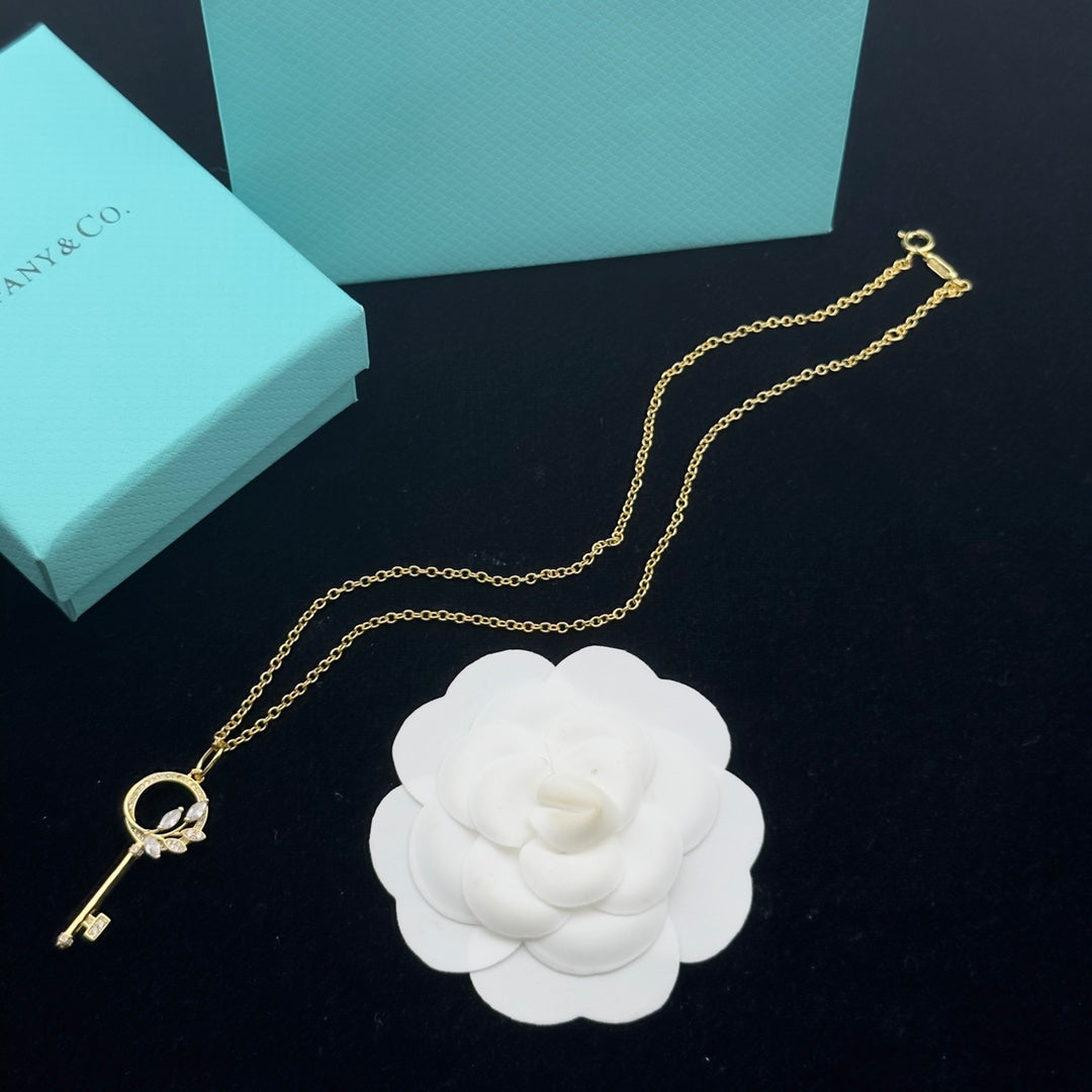 Crystal Circle Olive Leaf Key Pendant Necklace – Gold, Silver & Rose Gold