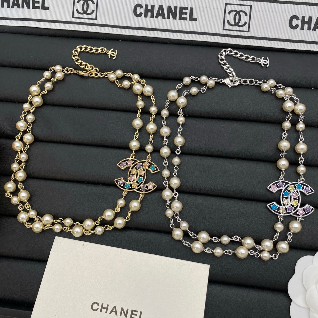 Pearl Beaded Long Necklace with Colorful Star Charm – Gold / Silver