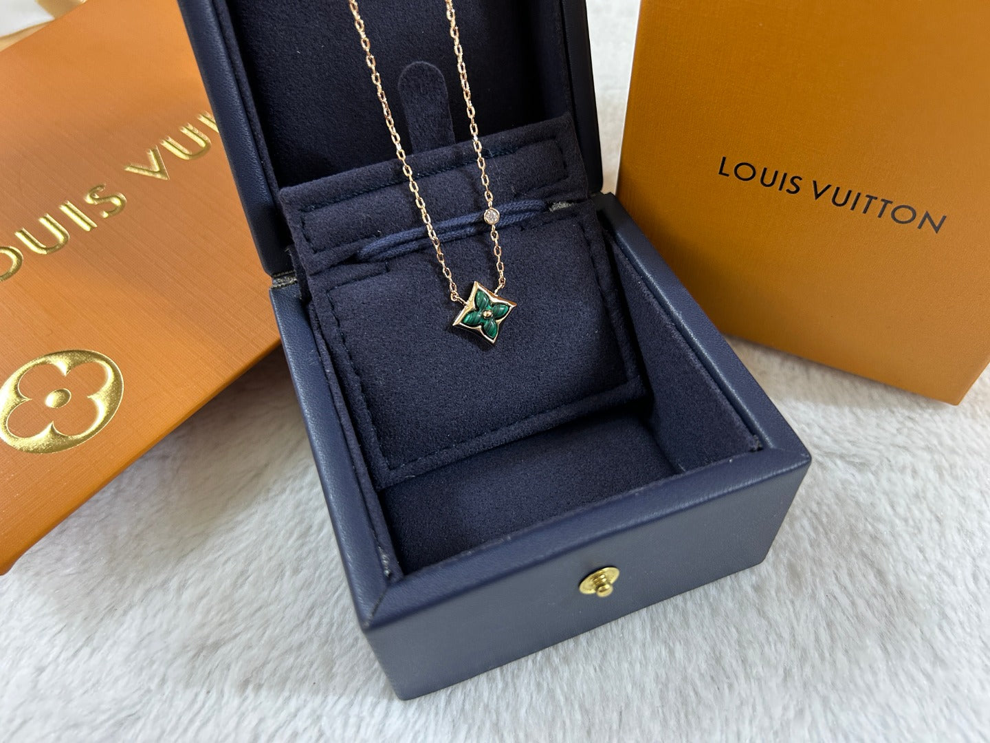 Malachite Green Enamel Four-Petal Flower Pendant Necklace