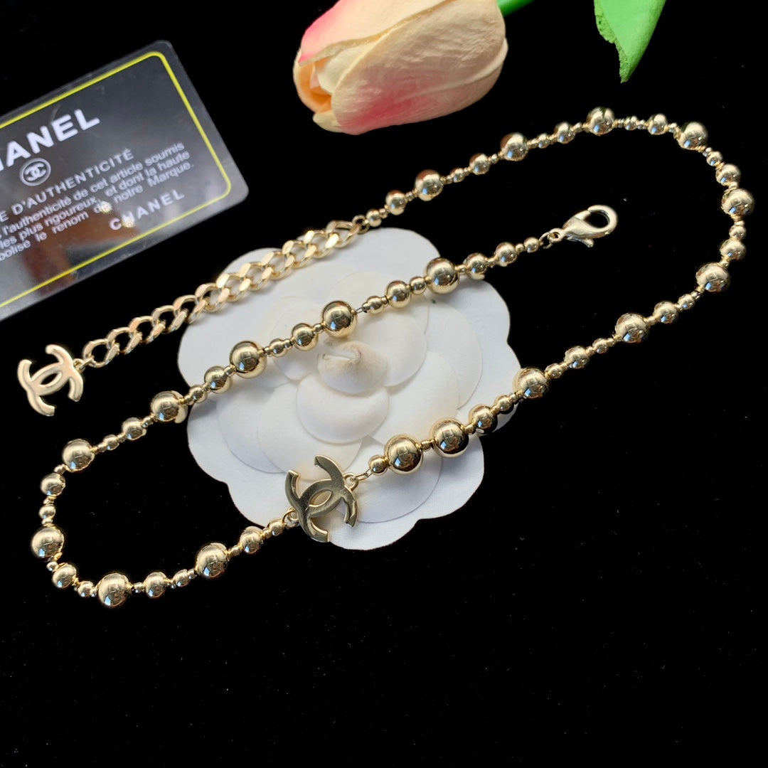 Gold Ball Bead Station Necklace & Bracelet Set