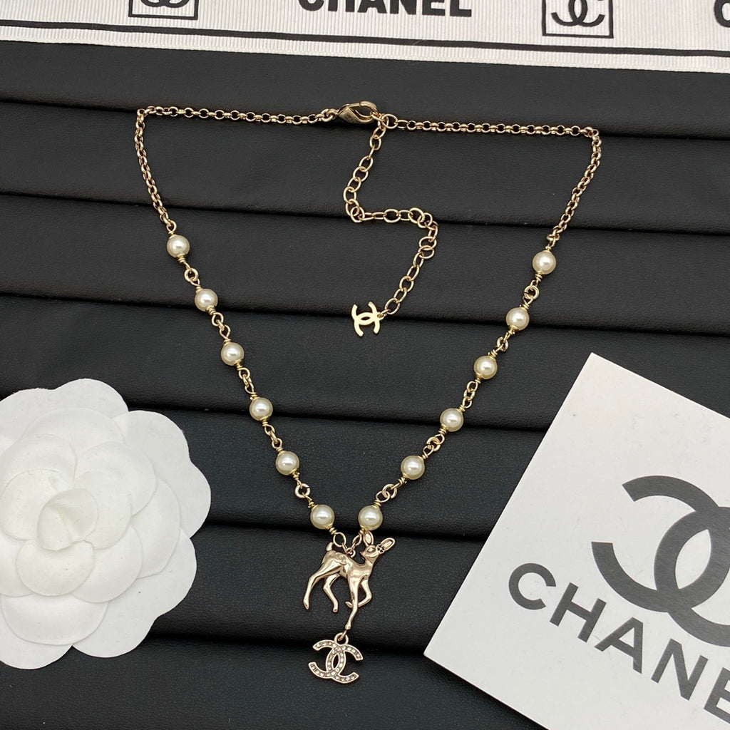 Pearl Beaded Long Necklace with Fawn & Crystal Interlocking Charm