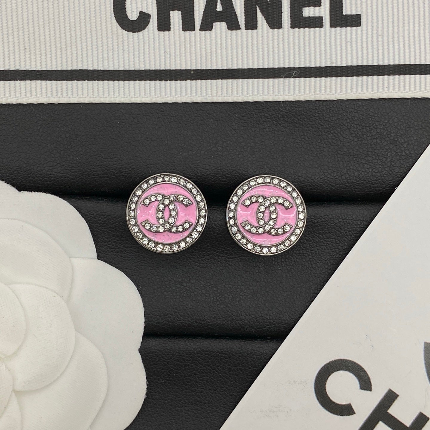 Pink Enamel Circle Logo Jewelry Set | Crystal Halo | Necklace, Bracelet & Stud Earrings | Silver-Tone