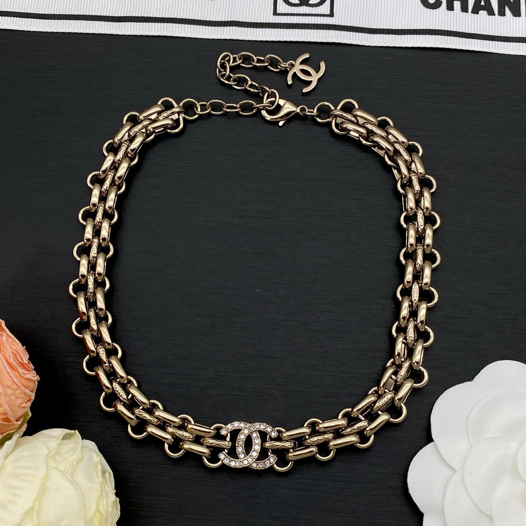 Triple-Row Chain Link Necklace & Bracelet Set | Crystal Logo