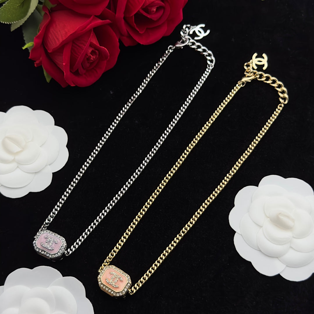 Crystal-Framed Pink Enamel Square Pendant Curb Chain Necklace