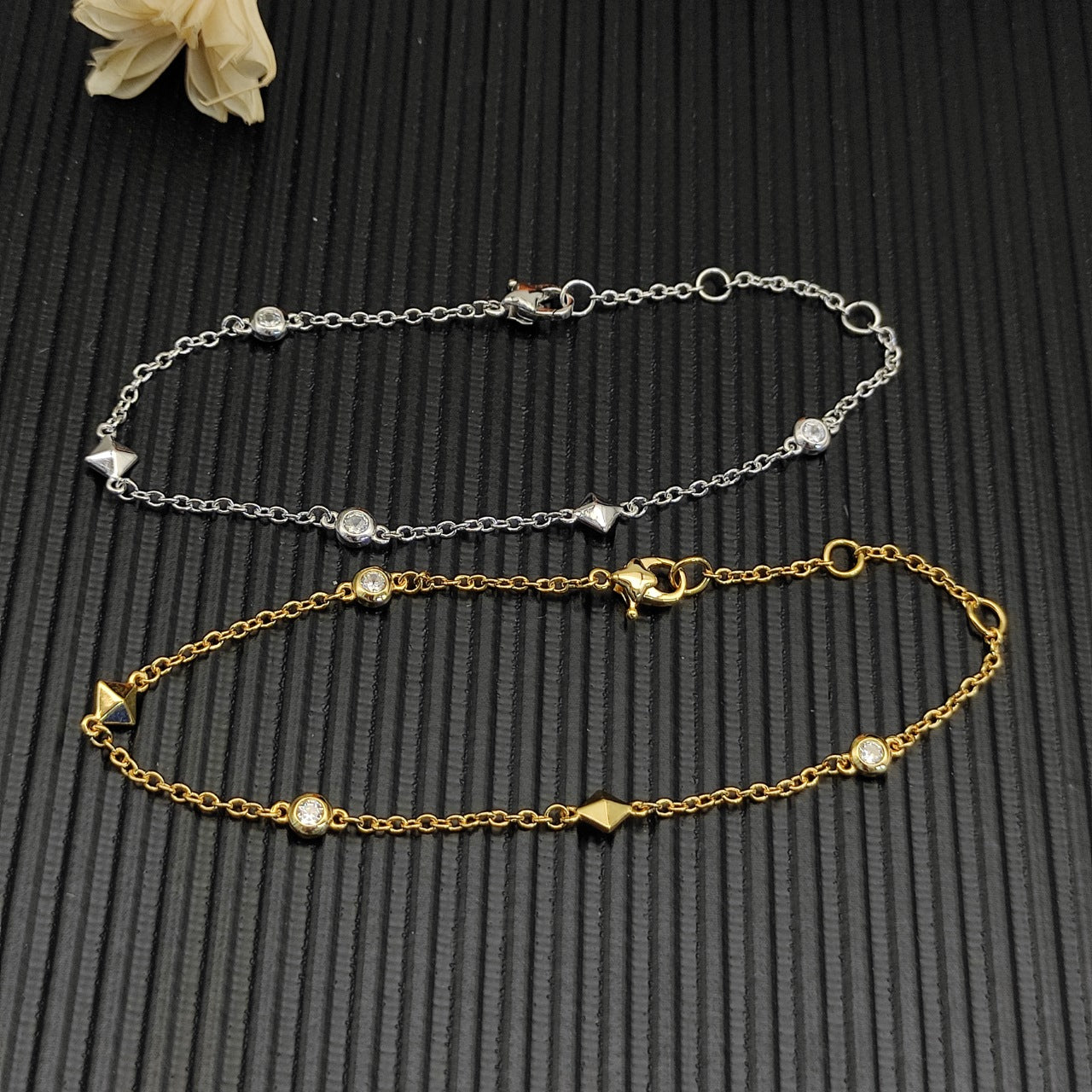 Bezel CZ & Pyramid Stud Station Chain Bracelet