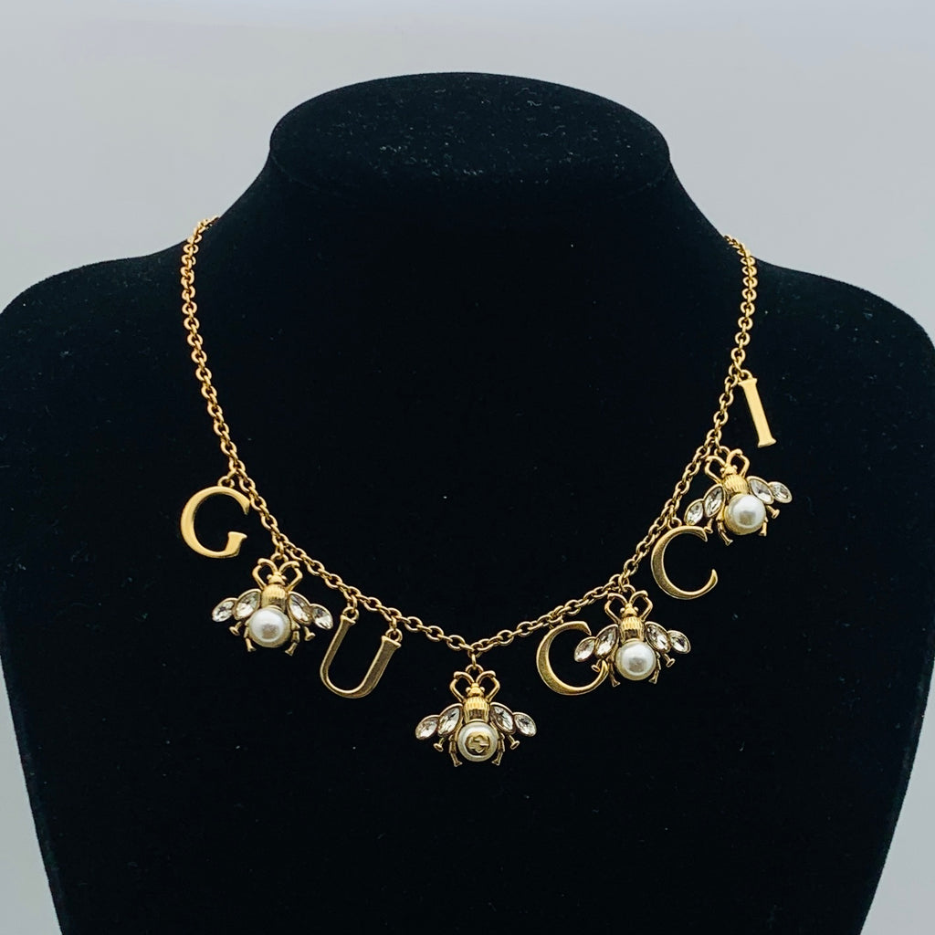 Vintage Gold Letter Bee Pearl Drop Necklace & Bracelet Set