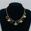 Vintage Gold Letter Bee Pearl Drop Necklace & Bracelet Set
