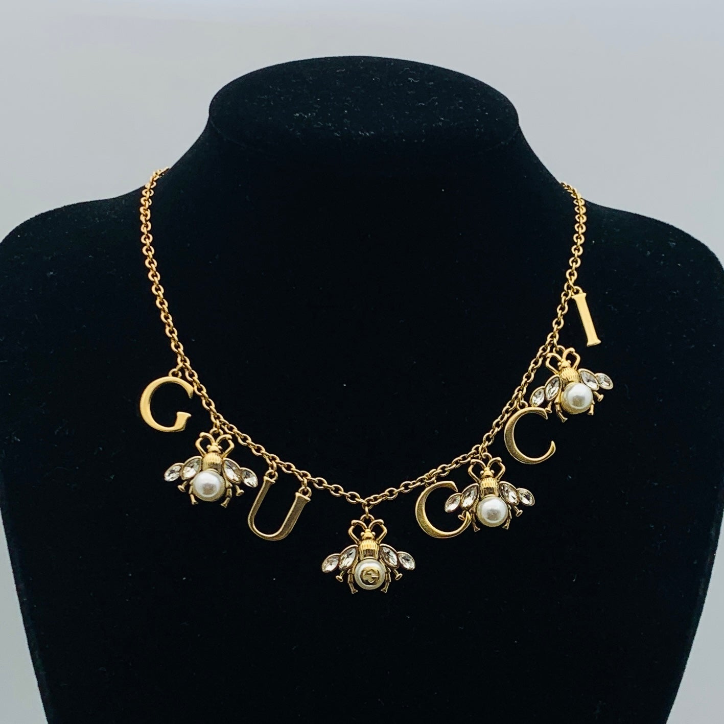 Vintage Gold Letter Bee Pearl Drop Necklace & Bracelet Set