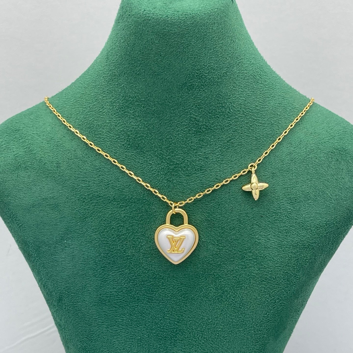 Mother of Pearl Heart Locket & Floral Charm Necklace