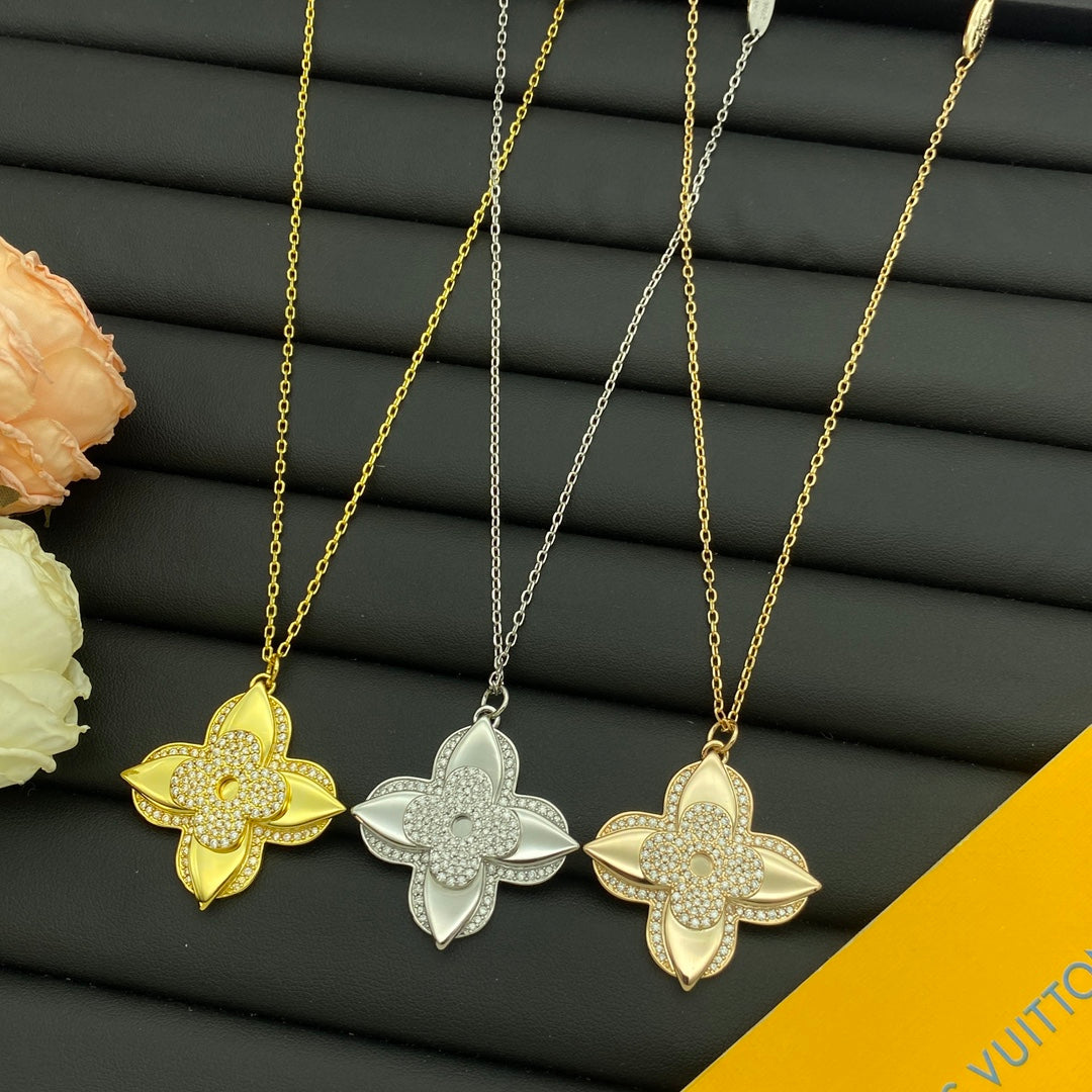 Oversized Pavé Four-Petal Flower Statement Pendant Necklace