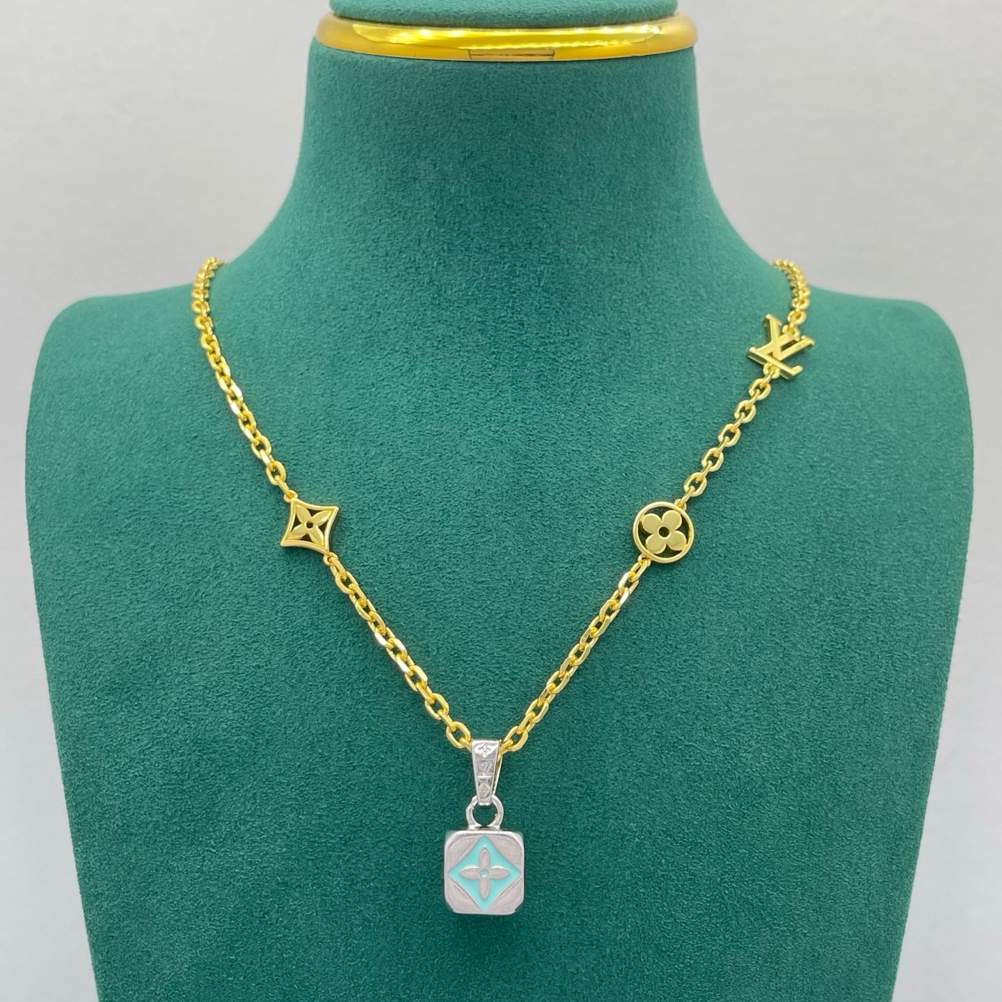 Floral Cube Charm Station Chain Necklace