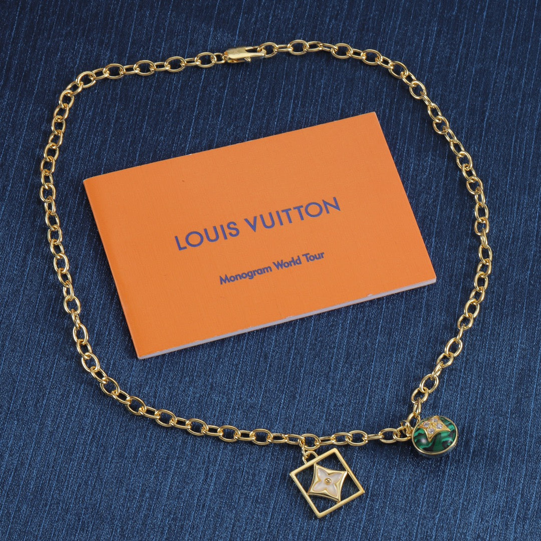 Square Frame Floral Charm Long Chain Necklace