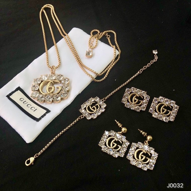 Luxury Rhinestone Logo Square Charm Jewelry Set