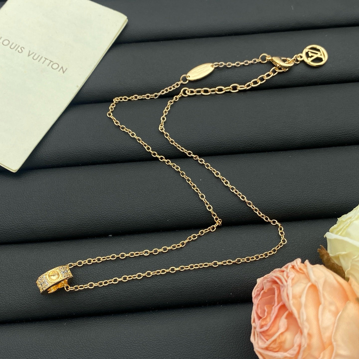 Pavé Crystal Engraved Ring Hoop Pendant Necklace