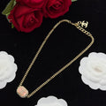 Crystal-Framed Pink Enamel Square Pendant Curb Chain Necklace