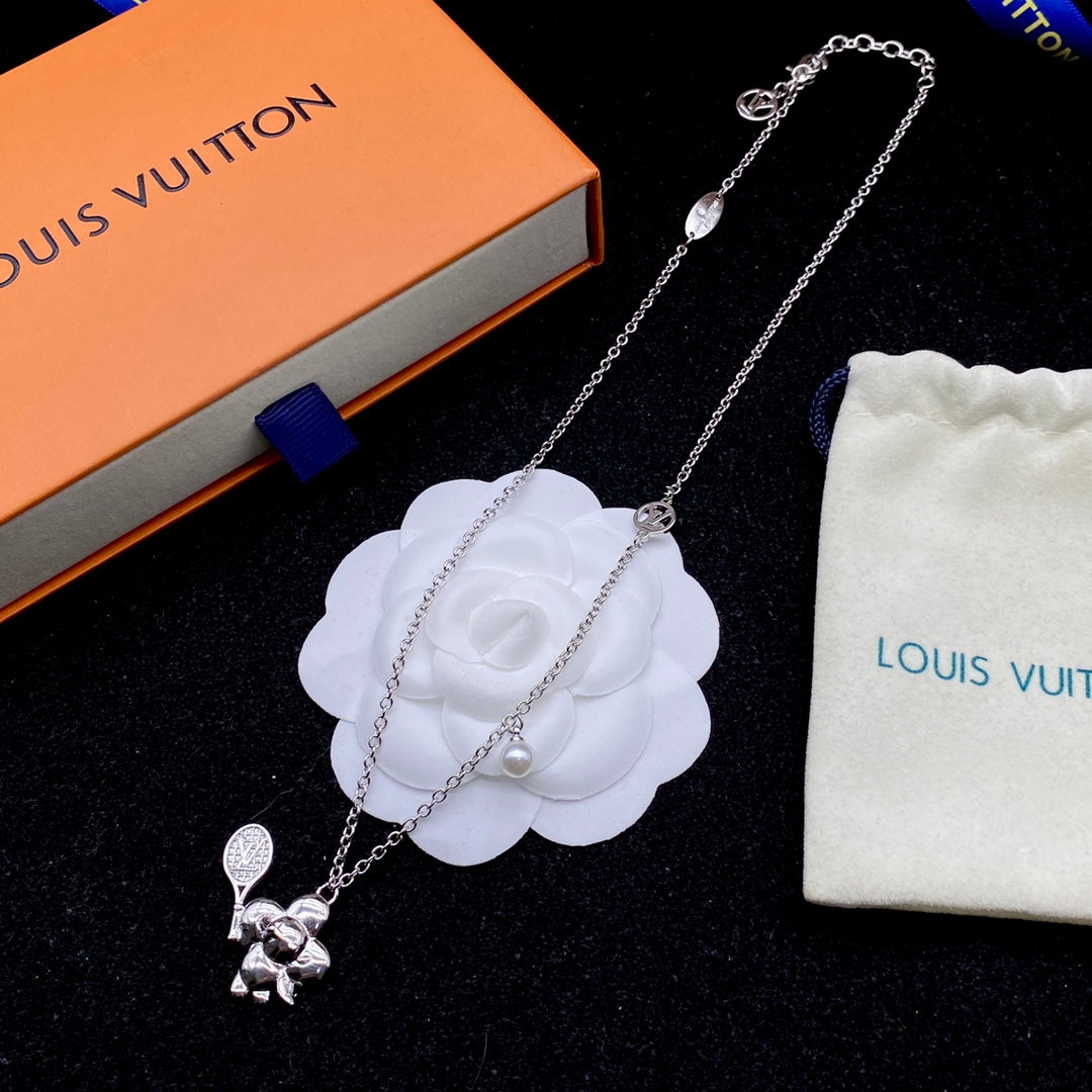 3D Elephant & Tennis Racket Charm Pearl Necklace