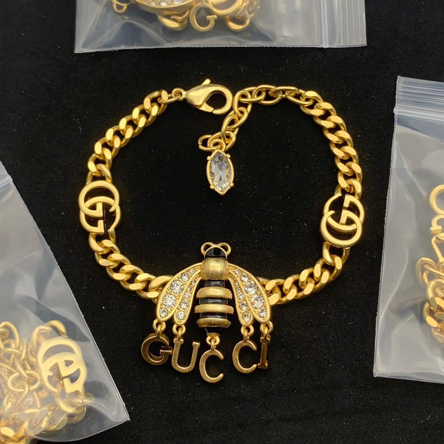 Vintage Gold Black Stripe Bee Spell-Out Logo Jewelry Set