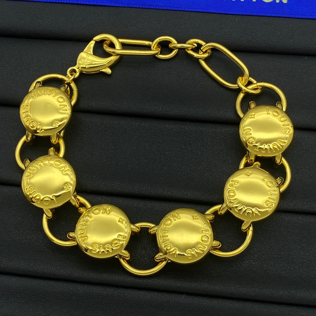 Engraved Coin Disc & Round Link Chain Necklace & Bracelet Set