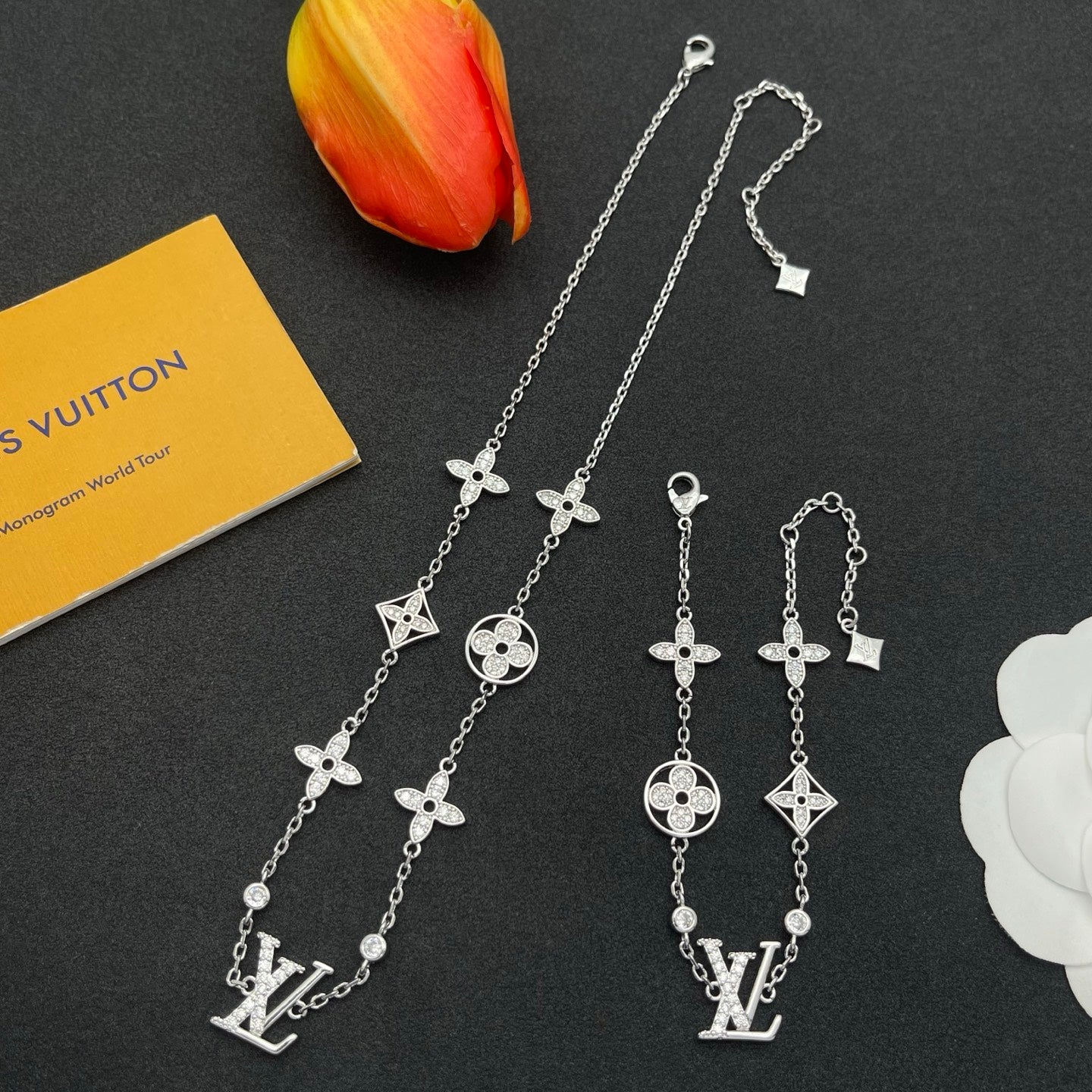 Rhinestone Monogram Clover Station & Logo Initial Charm Necklace & Bracelet Set