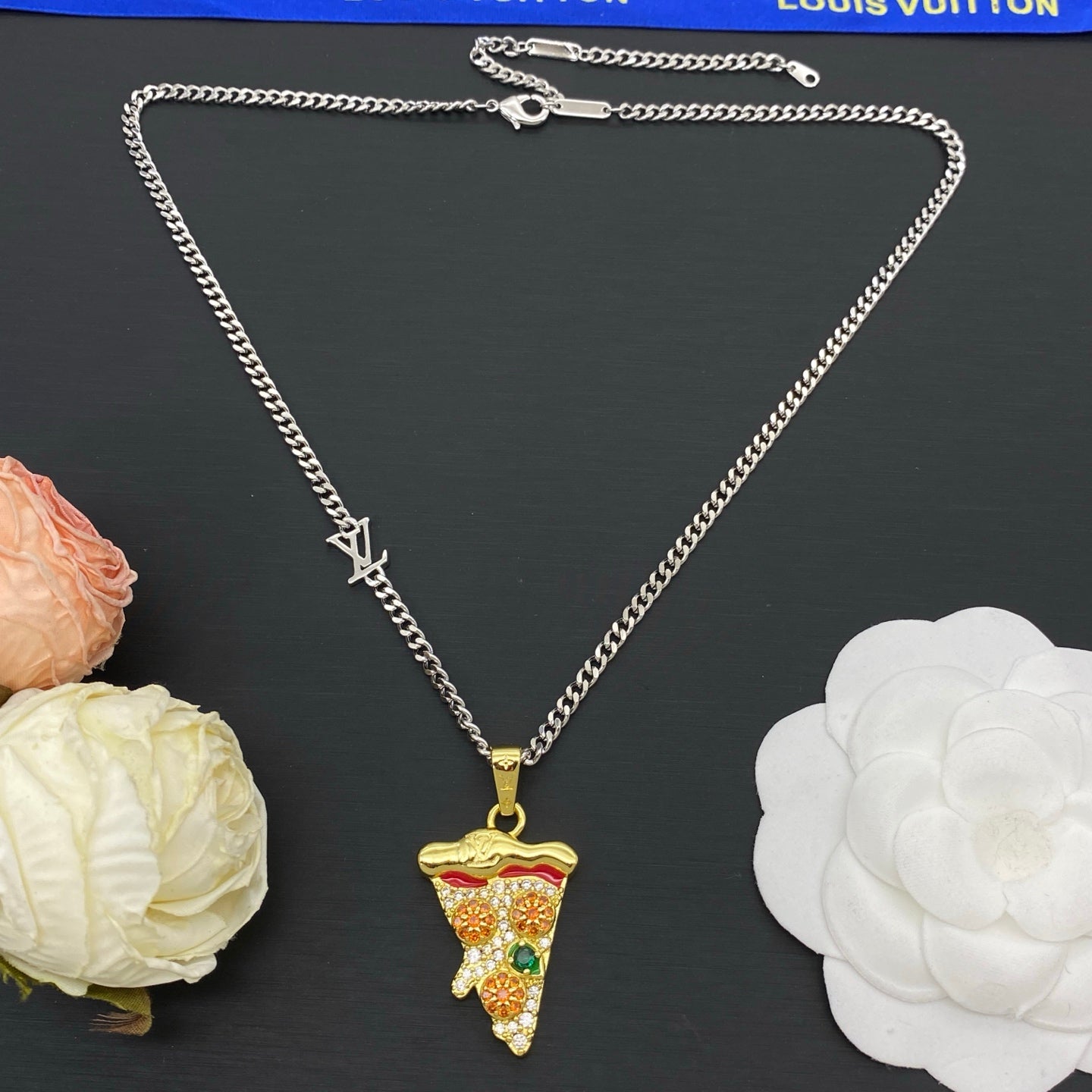 Iced Out Pizza Slice Colorful CZ Charm Cuban Chain Necklace