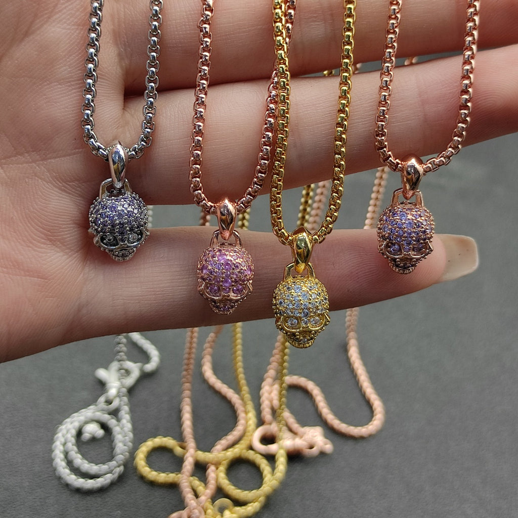 Micro Pavé Skull Pendant Box Chain Necklace