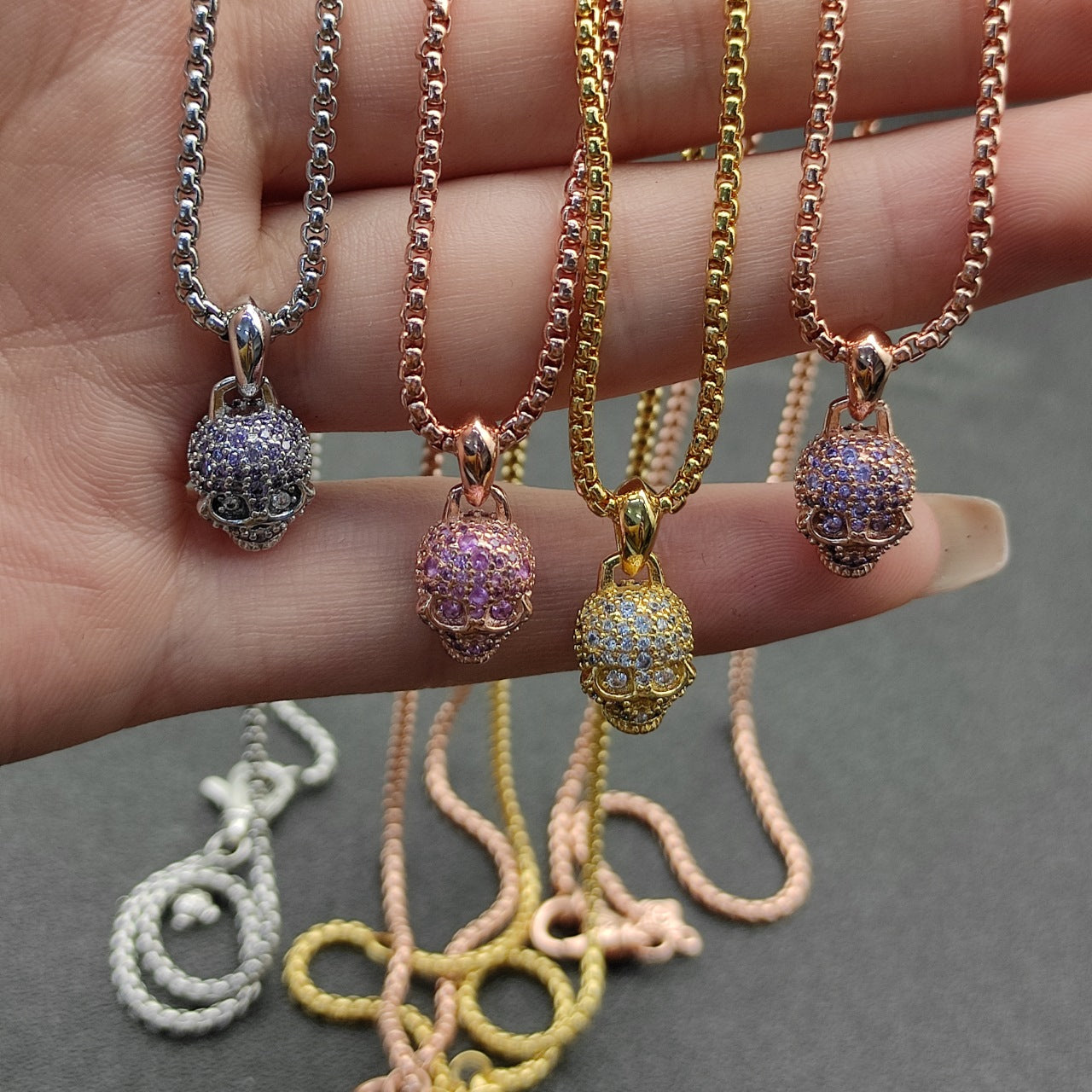 Micro Pavé Skull Pendant Box Chain Necklace