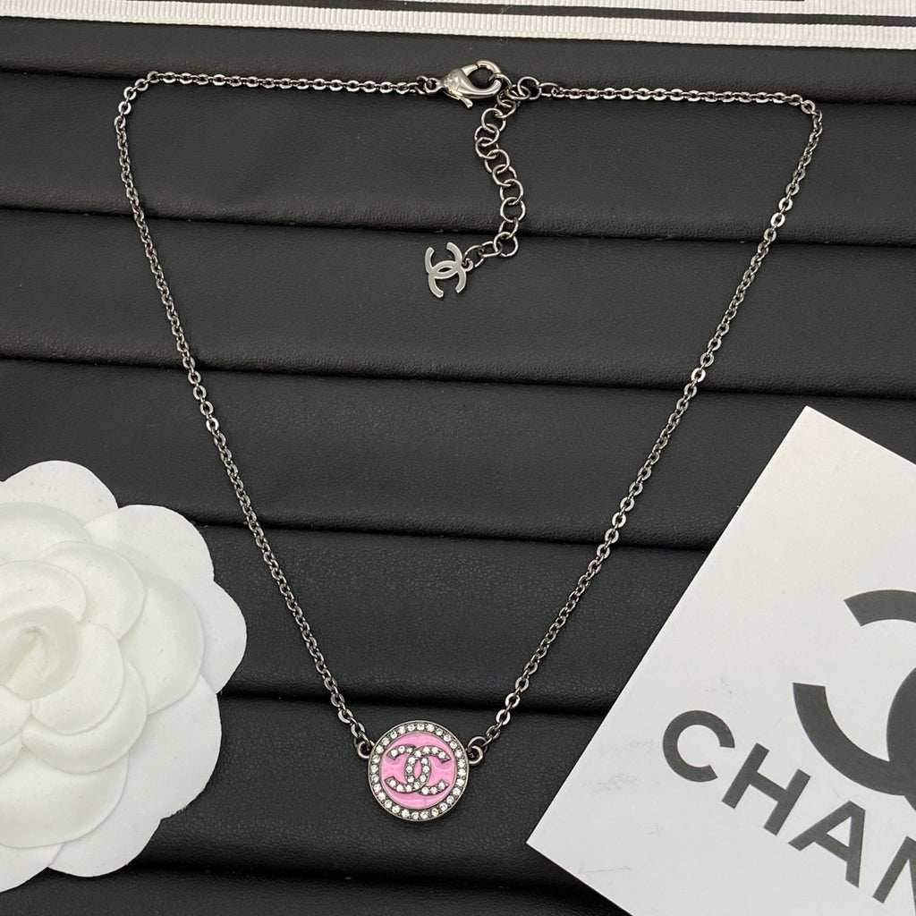 Pink Enamel Circle Logo Jewelry Set | Crystal Halo | Necklace, Bracelet & Stud Earrings | Silver-Tone