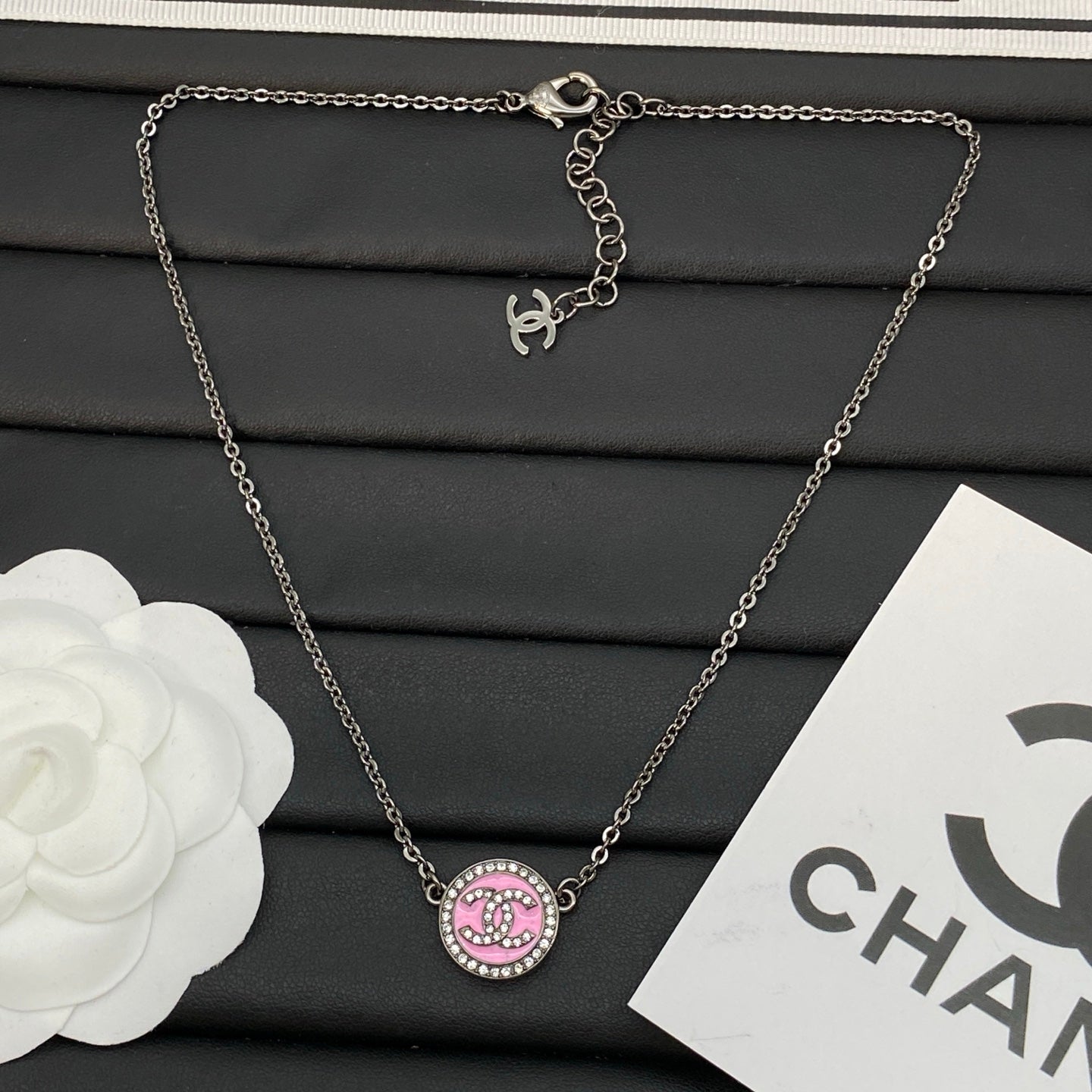 Pink Enamel Circle Logo Jewelry Set | Crystal Halo | Necklace, Bracelet & Stud Earrings | Silver-Tone