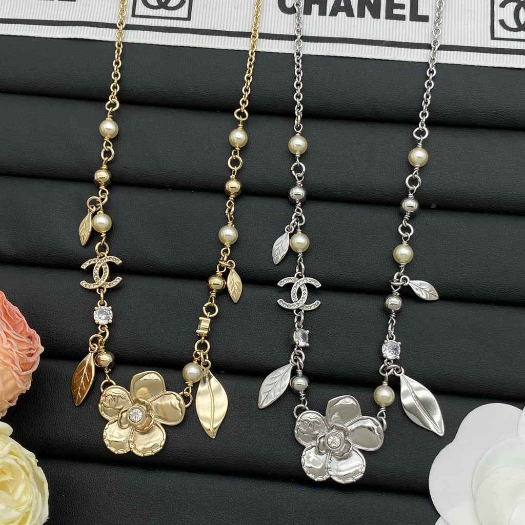 Pearl & Camellia Flower Pendant Long Necklace – Gold & Silver