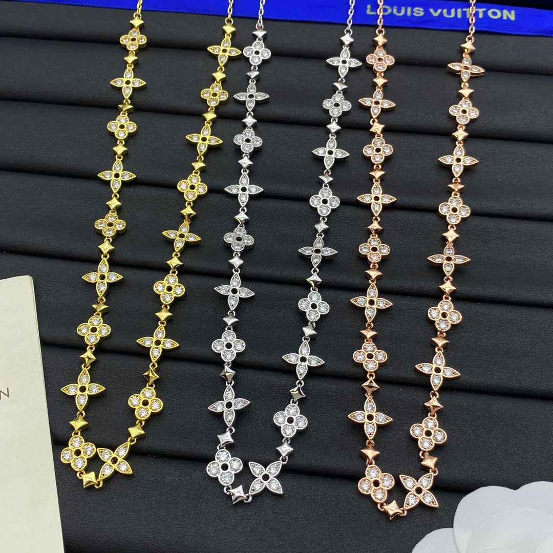 All-Over Pavé Four-Petal Flower & Star Spacer Full Station Long Necklace