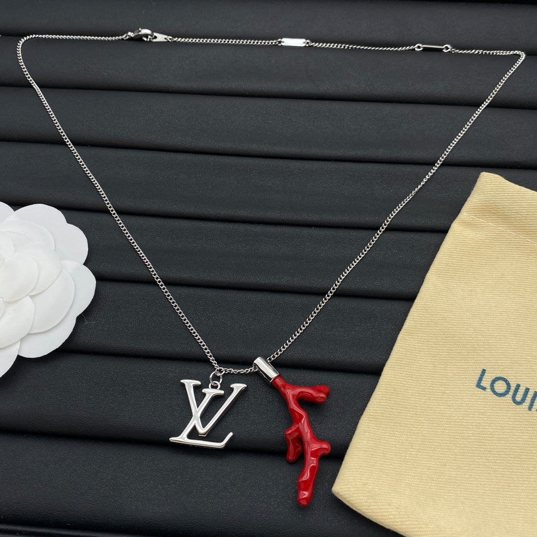 Red Coral Branch Charm Curb Chain Necklace