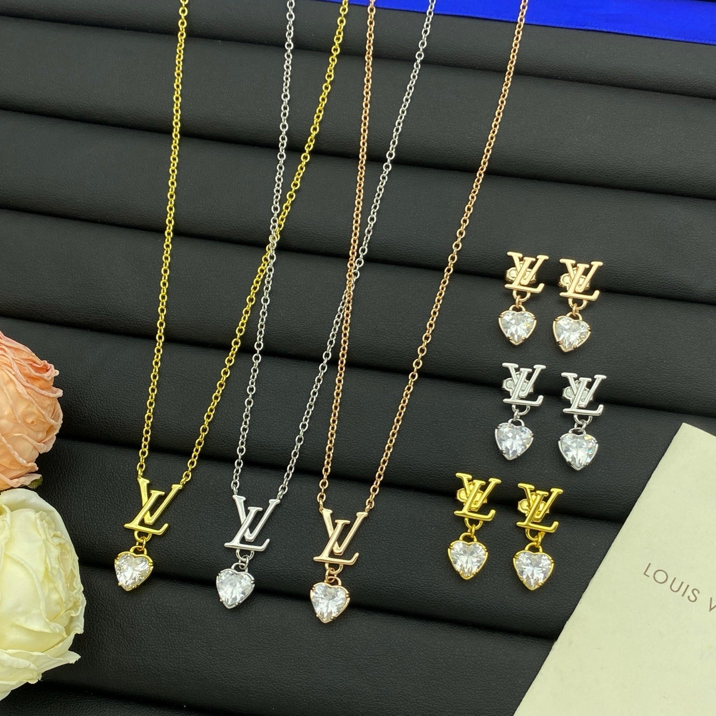 Crystal Heart Drop Letter Charm Necklace & Earring Set