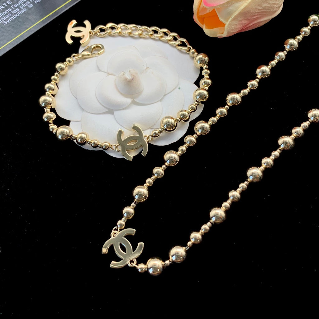 Gold Ball Bead Station Necklace & Bracelet Set