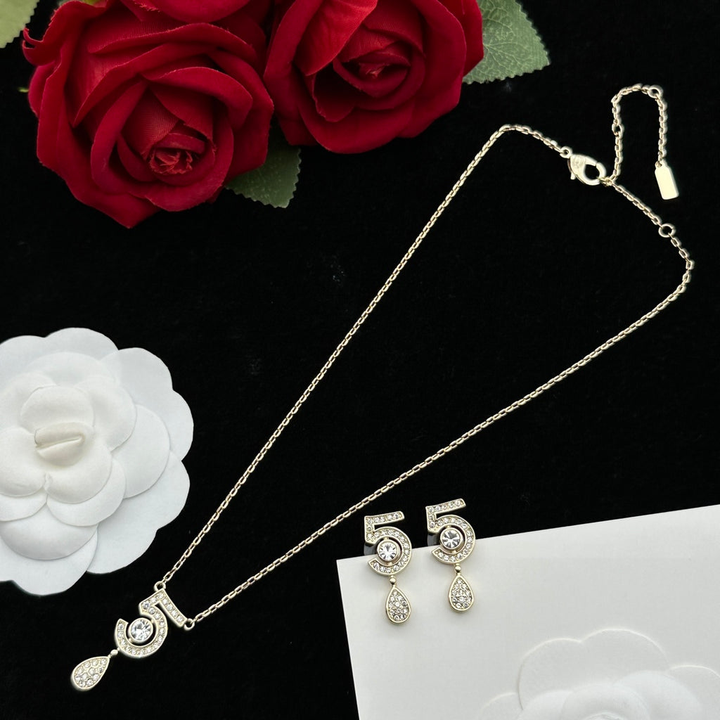 Crystal Number '5' Teardrop Pendant Necklace & Stud Earring Set