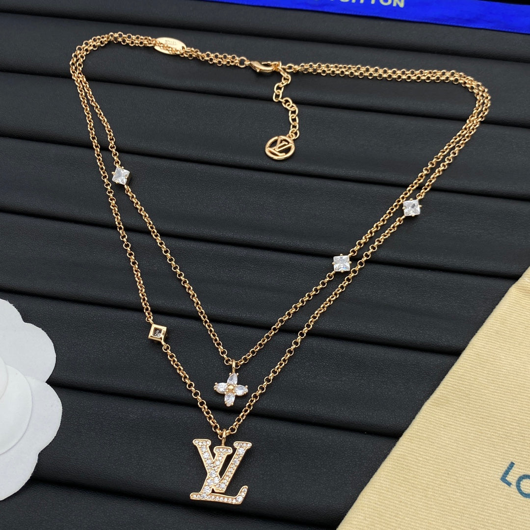 Princess Cut CZ Station & Four-Petal Flower Double Layer Long Necklace