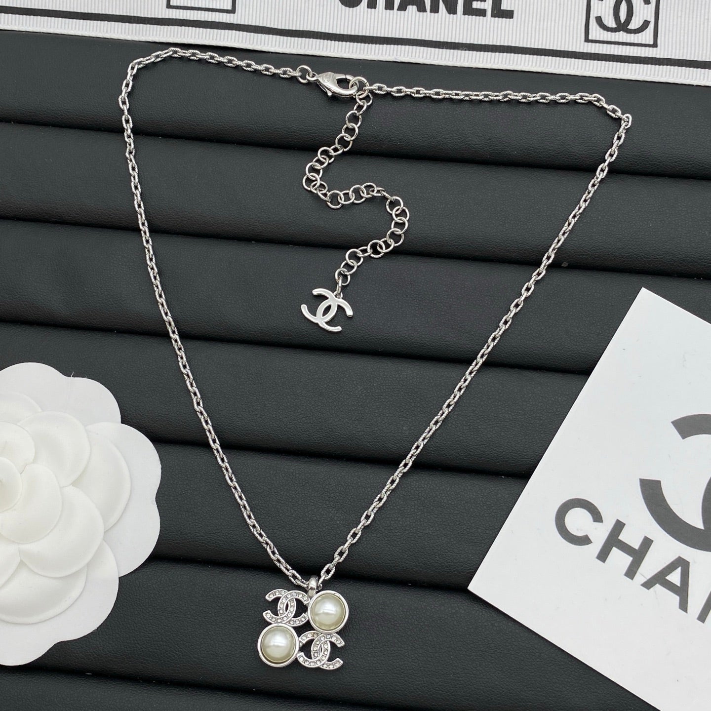 Double Pearl & Crystal Interlocking Charm Pendant Necklace – Gold & Silver