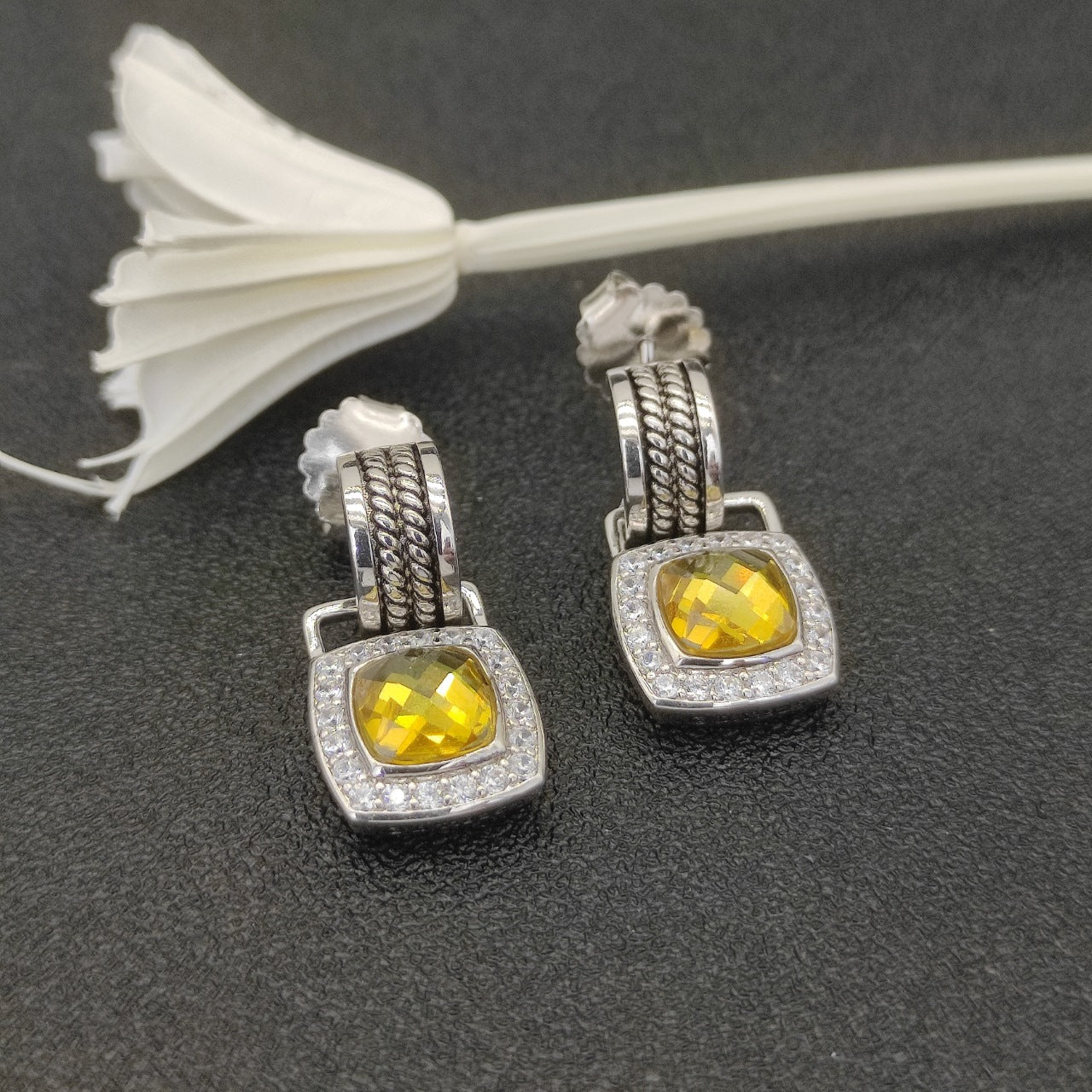 Pavé Halo Cushion Gemstone Drop Earrings