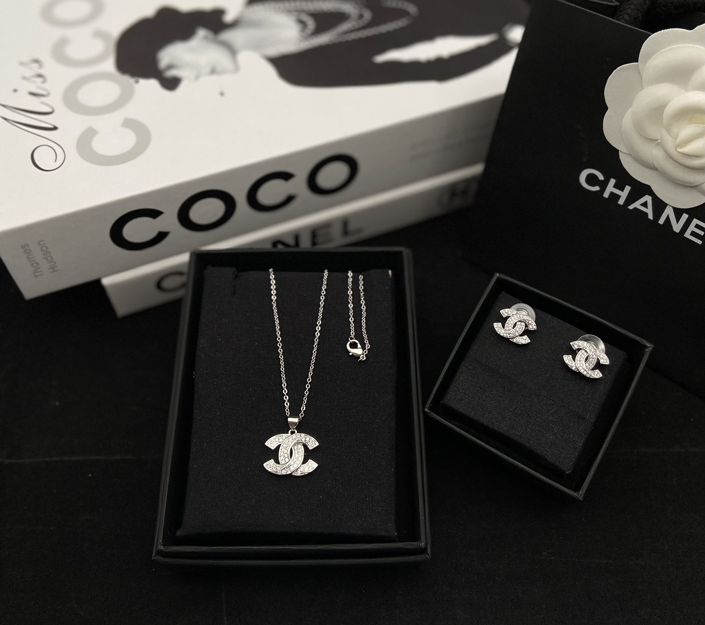 Crystal CC Logo Pendant Necklace & Earrings Set