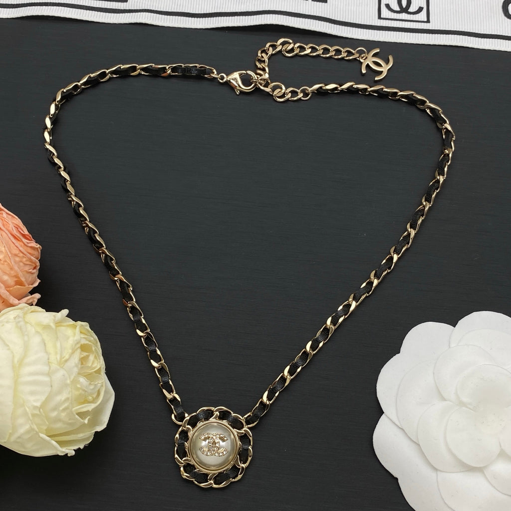 Pearl Logo Pendant Necklace | Leather & Chain Link | Gold & Silver Tone