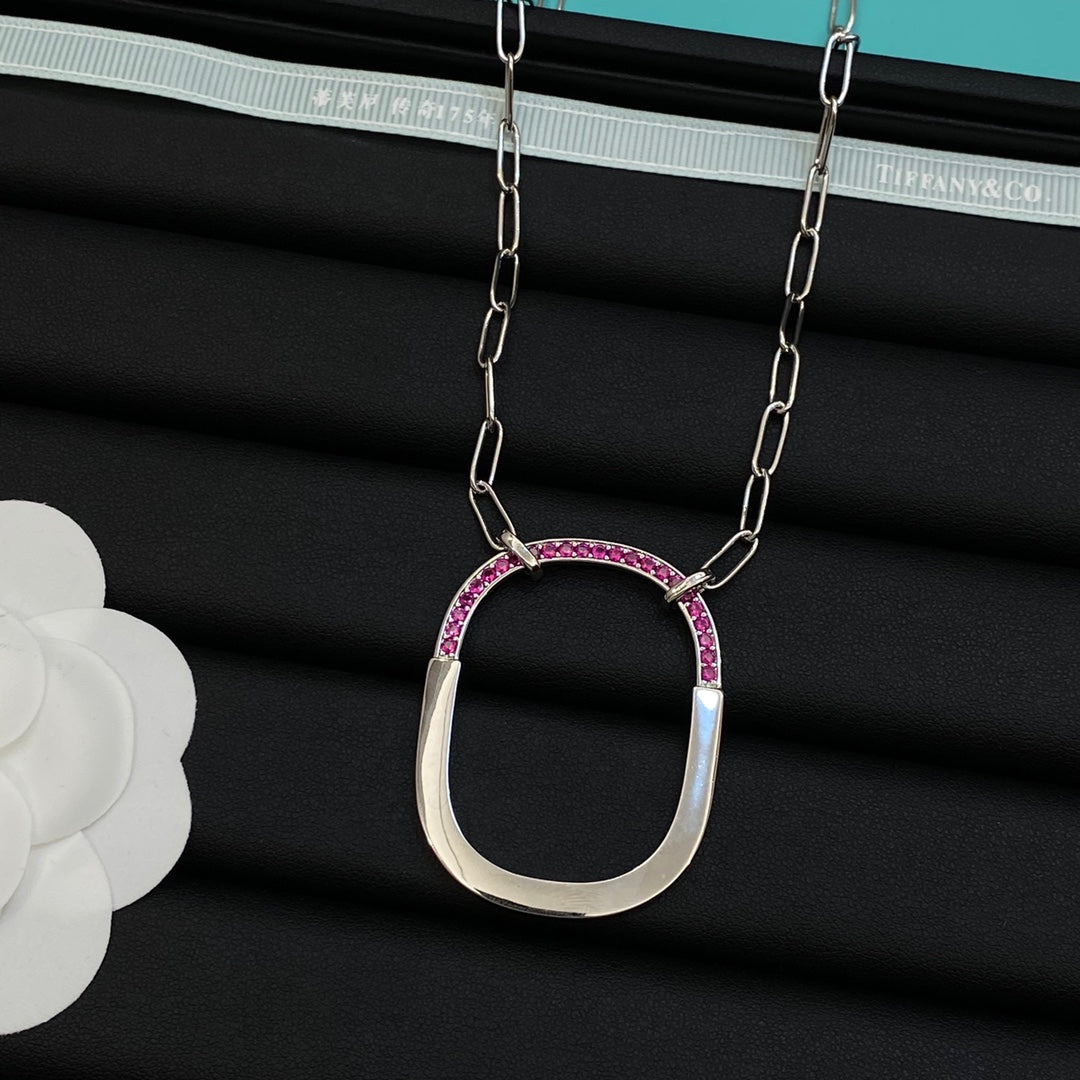 Half Pink Crystal & Polished Open Rounded Square Pendant Paperclip Chain Necklace – Gold & Silver