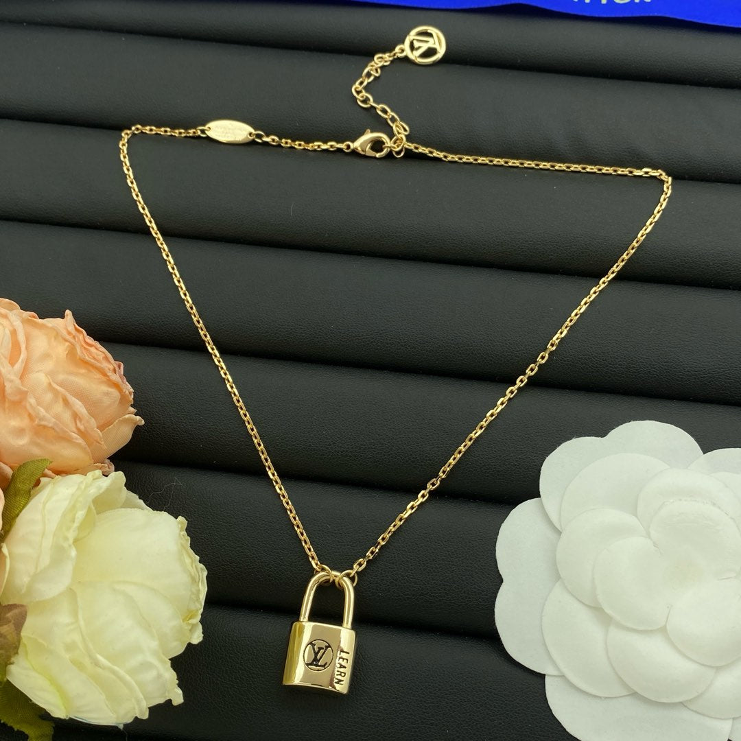 Engraved Padlock Pendant Cable Chain Necklace