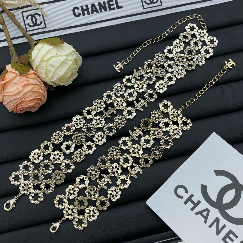 Gold Camellia Flower Link Chain Necklace & Bracelet Set