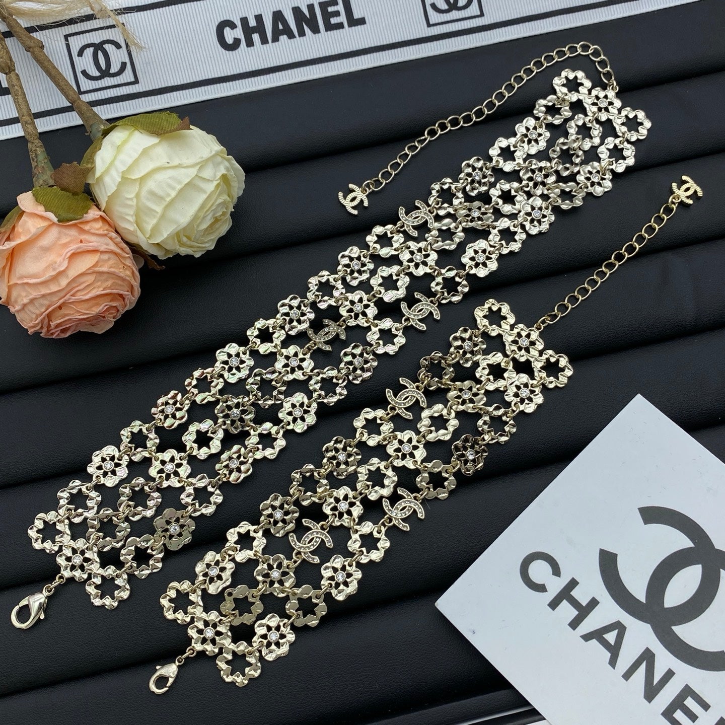Gold Camellia Flower Link Chain Necklace & Bracelet Set