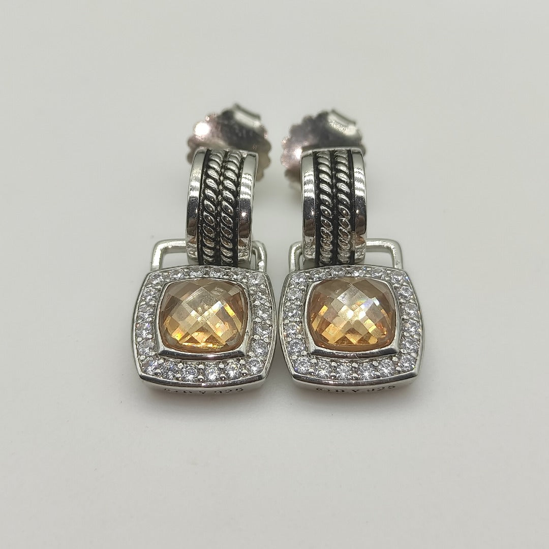 Pavé Halo Cushion Gemstone Drop Earrings