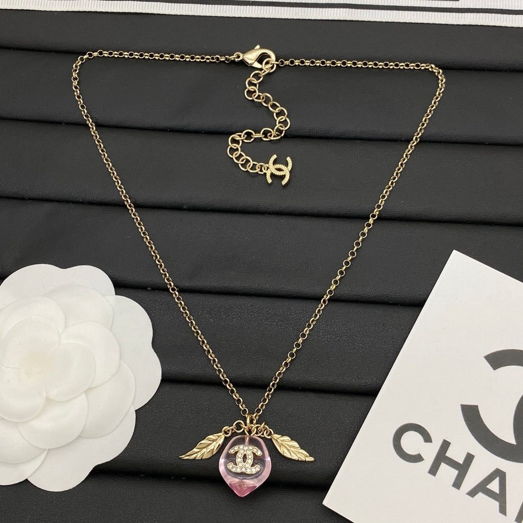 Pink Crystal Heart & Leaf Charm Necklace | Crystal Logo | Gold & Silver Tone