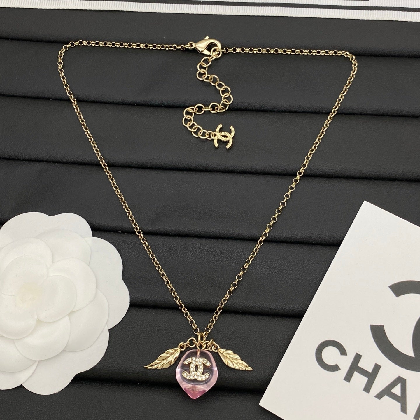 Pink Crystal Heart & Leaf Charm Necklace | Crystal Logo | Gold & Silver Tone