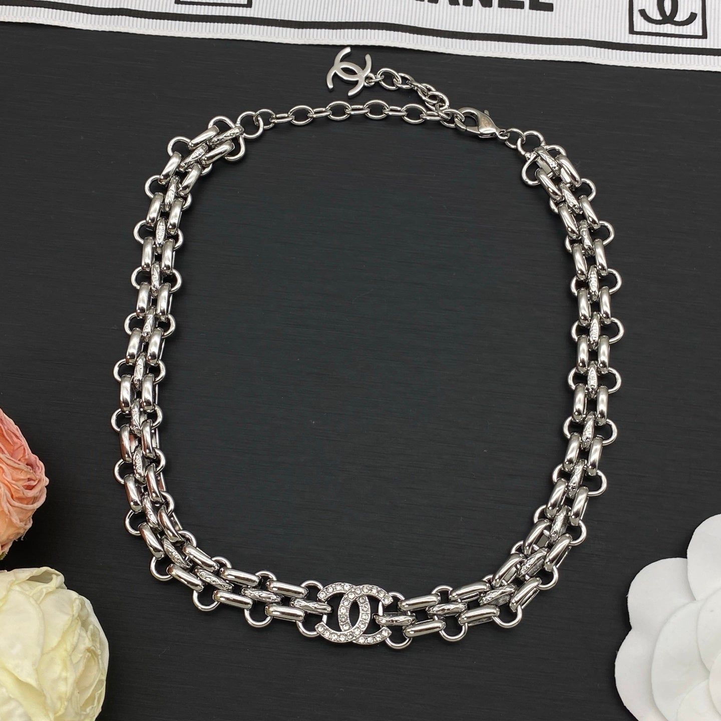 Triple-Row Chain Link Necklace & Bracelet Set | Crystal Logo