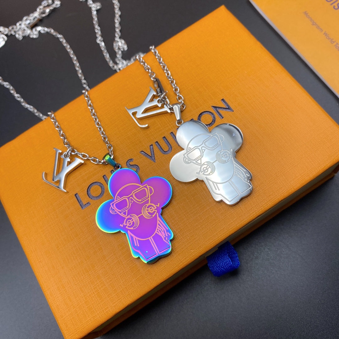 Vivienne Doll Figure Engraved Charm Necklace – Iridescent / Silver